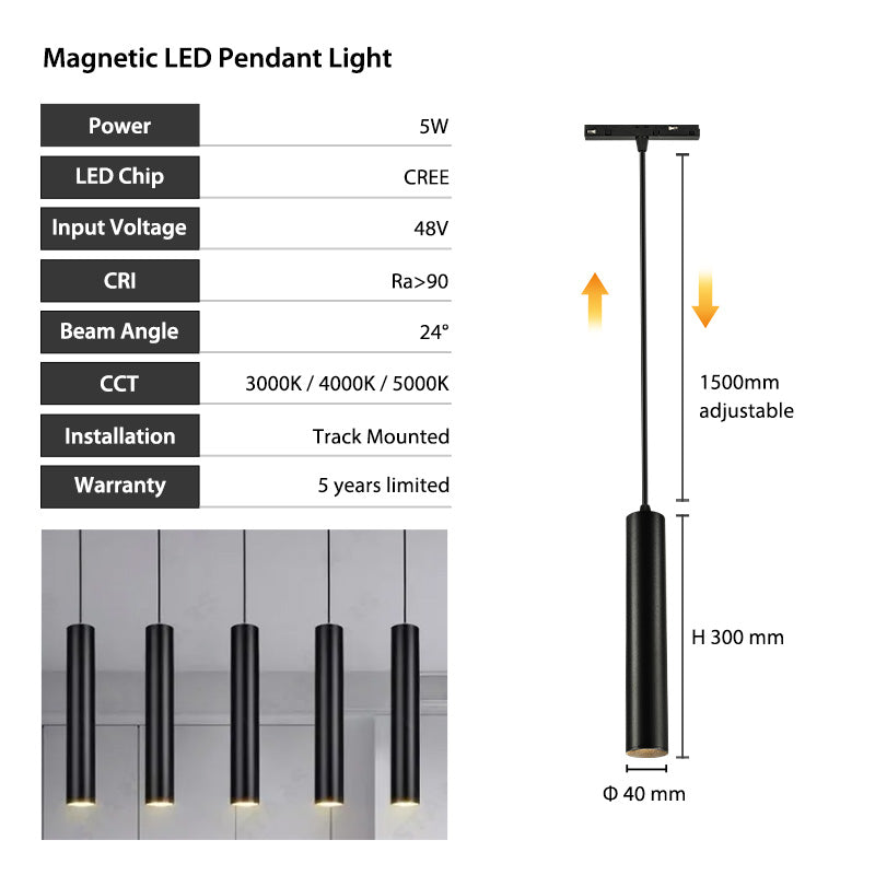 48V magnetic 5w black cylindrical led column pedant light