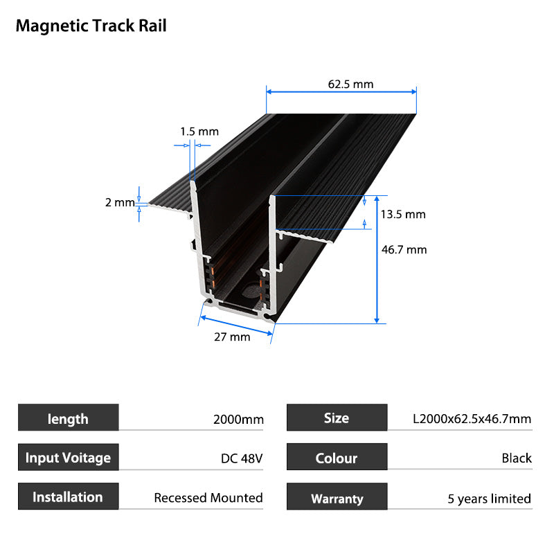 6.5ft 2000mm Length Recessed 48V Magnetic Track Rail